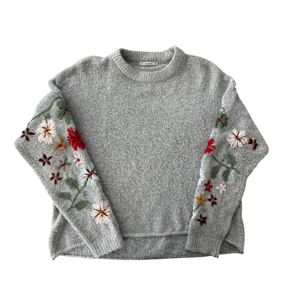 Pull&Bear Women Gray Heather Floral Embroidered Crewneck Sweater Small Cottage